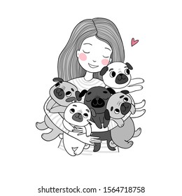 Girl with funny cute pugs. Cartoon cheerful dogs. five puppies. Picture for the veterinarian. 