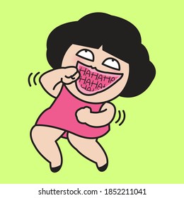 Girl With Funny Dancing Laughs With Mouth Wide Open And Text Hahaha Inside It Concept Card Character illustration