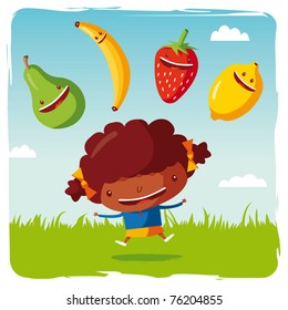 girl with funny fruits