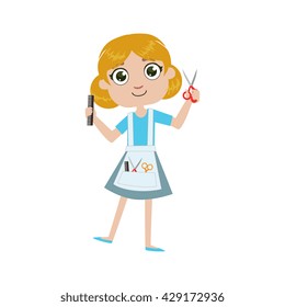 GIrl Future Hairdresser Simple Design Illustration In Cute Fun Cartoon Style Isolated On White Background
