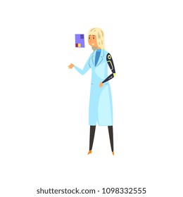 Girl from the future looking at virtual screen, futuristic mechanism technology concept vector Illustration on a white background