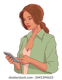 Girl with a gadget. Portrait of a romantic pretty woman, she is holding a mobile phone in her hands and typing a message, sms, watching social networks. Business lady in a suit, olive jacket. Vector