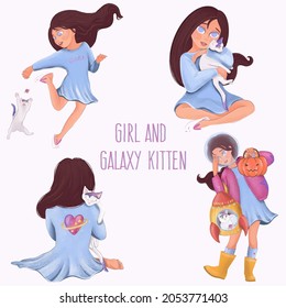 Girl and galaxy kitten. Vector isolated elements.