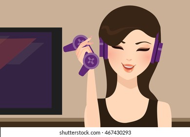 girl gamer holding joy stick wearing head set