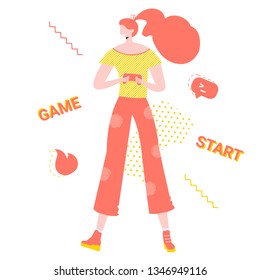 Girl gamer with joystick in her hands. Playing online on a computer or console. Modern hobby. Vector illustration.
