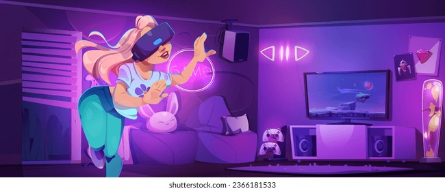 Girl gamer in living room play vr vector cartoon background. Video game on console with virtual reality technology. Purple house with armchair, tv, led light and playing setup for female teen