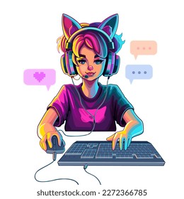 Girl gamer or streamer with cat ears headset sits in front of a computer with her mouse and keyboard. Cartoon anime style. Vector character isolated on white background