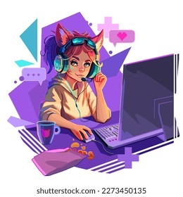 Girl gamer or streamer with cat ears headset sits at a computer with an abstract geometric backdrop. Cartoon anime style. Vector character isolated on white background