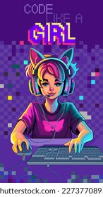 Girl gamer or streamer with cat ears headset sits in front of a computer with her mouse and keyboard. Code like a girl. Cartoon anime style. Vector character isolated on an absctract pixel background