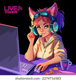 Girl gamer or streamer with cat ears headset sits at a computer with some drink and snaks on a table. Cartoon anime style. Vector character isolated on black background