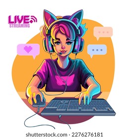 Girl gamer or streamer with cat ears headset sits in front of a computer with her mouse and keyboard. Cartoon anime style. Vector character isolated on white background