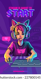 Girl gamer or streamer with cat ears headset sits in front of a computer with her mouse and keyboard. Cartoon anime style. Vector character isolated on an absctract radiant background