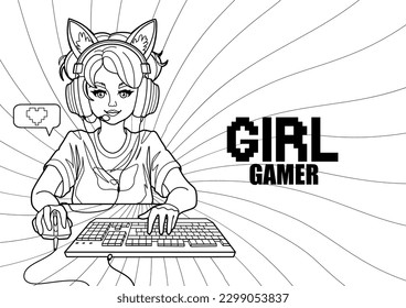 Girl gamer or streamer with cat ears headset sits in front of a computer with her mouse and keyboard. Coloring page design. Vector character isolated on an absctract radiant background