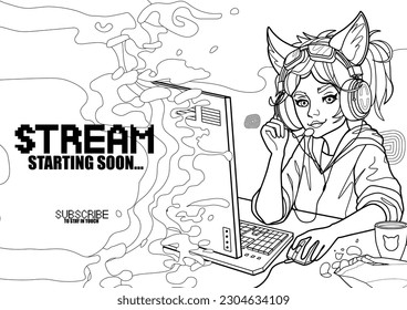 Girl gamer or streamer with cat ears headset sits at a computer with some drink and snaks on a table. Coloring page design. Vector character with a notificational phrase over liqid shape