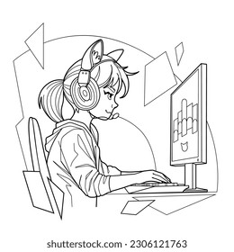 Girl gamer or streamer with a cat ears headset sits in front of a computer over an abstract graphic composition. Side view, cartoon anime style. Vector character design isolated on white background