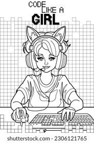 Girl gamer or streamer with cat ears headset sits in front of a computer with her mouse and keyboard. Code like a girl. Coloring page design. Vector character isolated on an absctract pixel background