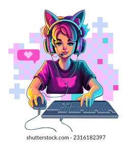 Girl gamer or streamer with cat ears headset sits in front of a computer with her mouse and keyboard. Abstract pixel decorations. Cartoon anime style. Vector character isolated on white background