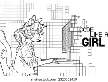Girl gamer or streamer with a cat ears headset sits in front of a computer over an absctract pixel. Side view, cartoon anime style. Vector character design isolated on white background