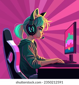 Girl gamer or streamer with a cat ears headset sits in front of a computer. Side view, cartoon anime style. Vector character isolated on an absctract radiant background