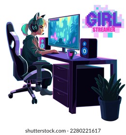 Las chicas que juegan o hacen streaming con un auricular se sientan frente a una computadora. Vista lateral, estilo anime de dibujos animados. Caracteres vectoriales aislados en fondo blanco