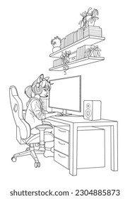 Girl gamer or streamer with a headset sits in front of a computer. Side view, cartoon anime style. Vector characters isolated on white background