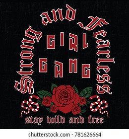 Girl gang, embroidery rose and skull slogan fashion patch, rose with leaves, fashion patches, badges  typography, t-shirt graphics, vectors