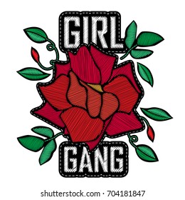 Girl Gang - Fashion Badge Or Patch. Embroidery Rose With Leaves For Rock Girl Gang. Vector Design Element, Sticker, Pin Or Patches In Vintage Punk Style. T-shirt Apparels Cool Print For Girls