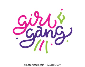 Girl gang, power. Stars. Lettering handdrawn illustration, print. Symbol of feminism for printing. Isolated background.  Woman motivational slogan. Feminism quote made in vector. Feminine concept.