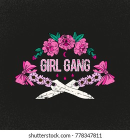 Girl Gang Slogan. Flower With Sword. Rock And Roll Girl Patch. Typography Graphic Print, Fashion Drawing For T-shirts. Vector Stickers,print, Patches Vintage