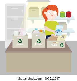 A girl in the garage recycling trash into glass, plastic, and paper.