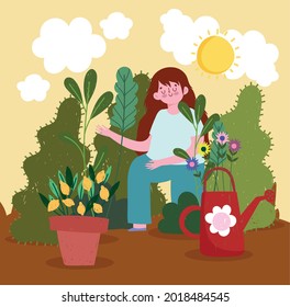 Mädchen im Garten mit Früchten und Blumen