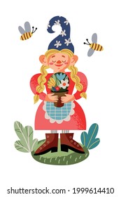 Girl garden gnome with flowers in pot. Funny little female dwarf statue vector illustration. Girl in hat and costume standing and smiling with bees flying on white background.