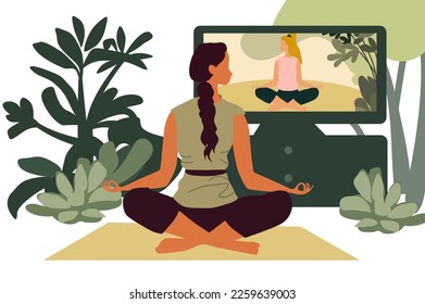 A girl in the garden on the background of the tower is engaged in online yoga, flat design, lotus pose