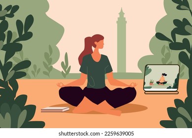 A girl in the garden on the background of the tower is engaged in online yoga, flat design, lotus pose