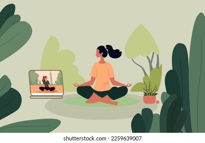 A girl in the garden on the background of the tower is engaged in online yoga, flat design, lotus pose