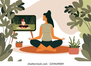 A girl in the garden on the background of the tower is engaged in online yoga, flat design, lotus pose