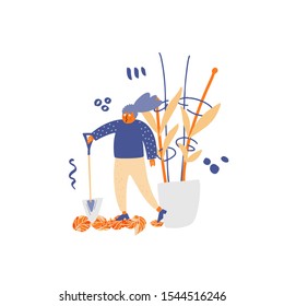 Girl with garden spade illustration with plant in pot and abstract doodle sketches. Sketch for business print. Gardening image for poster, banner.