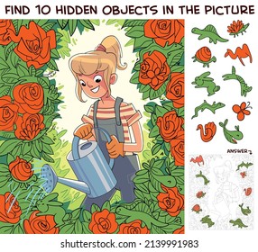 Girl in the garden watering roses from watering can  Gardener in the garden  Find 10 hidden objects in the picture  Puzzle Hidden Items  Funny cartoon character  Vector illustration  Set