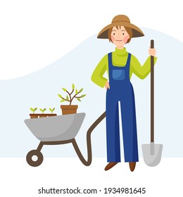 Girl gardener in a hat and overalls. A woman farmer stands with a shovel. Garden cart with seedlings.