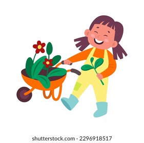 Girl gardener planting flowers vector flat illustration Gardening