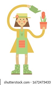 Girl gardener with spring flower in a pot. Vector illustration