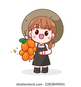 Girl gardener standing holding Mayong Chid nature sweet fruit cartoon character logo vector art illustration