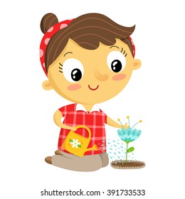 Girl gardener, vector cartoon character isolated on white