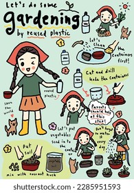Girl gardening by reused plastic bottles cutting utilized jar to plant seedling, Recycling and reutilization, hand drawn style vector.