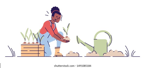 Girl Gardening Flat Vector Illustration. African American Woman Planting Seedlings With Watering Can Cartoon Character. Farmer Cultivating Crop. Plant Nursery Works Isolated Concept With Outline