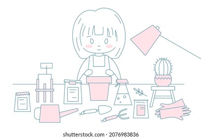 Girl is gardening outline illustration. Female character, plant care, flower pot in doodle linear sketch style. Hobby minimal background concept. Isolated vector.