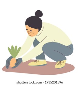 Girl gardening plant. Woman planting vegetables, agriculture gardener hobby and garden job. Gardening person. Trendy vector illustration in flat cartoon style, eps 10.