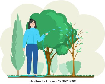 Girl gardening plant. Woman planting small tree, pours water on him from hose, agriculture gardener hobby and garden job in garden. Gardening female person takes care of young plantings in spring
