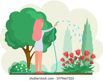 Girl gardening plant. Woman planting flowers, pours water from hose, agriculture gardener hobby and garden job in backyard. Gardening female person takes care of young plantings in spring in yard