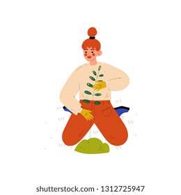 Girl Gardening Plant, Young Woman Working in Garden or Farm Vector Illustration